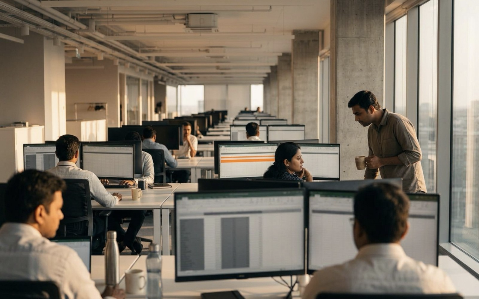 Analysts at workstations on a knowledge-operations floor