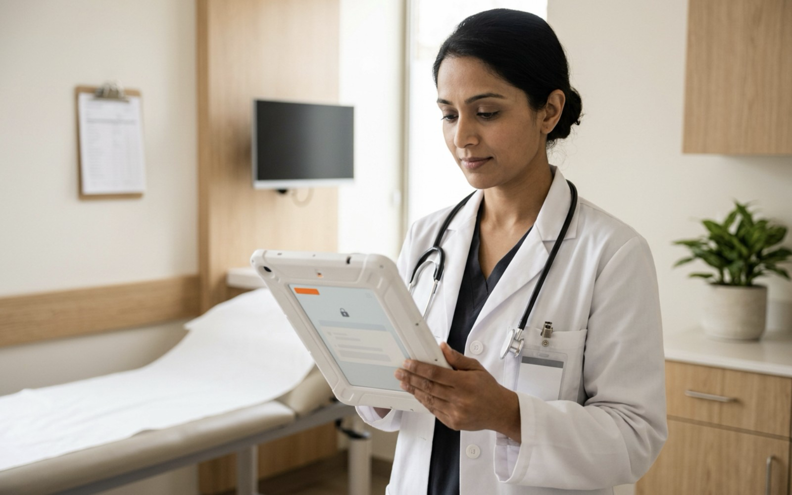 A clinician using a shared tablet at a hospital station